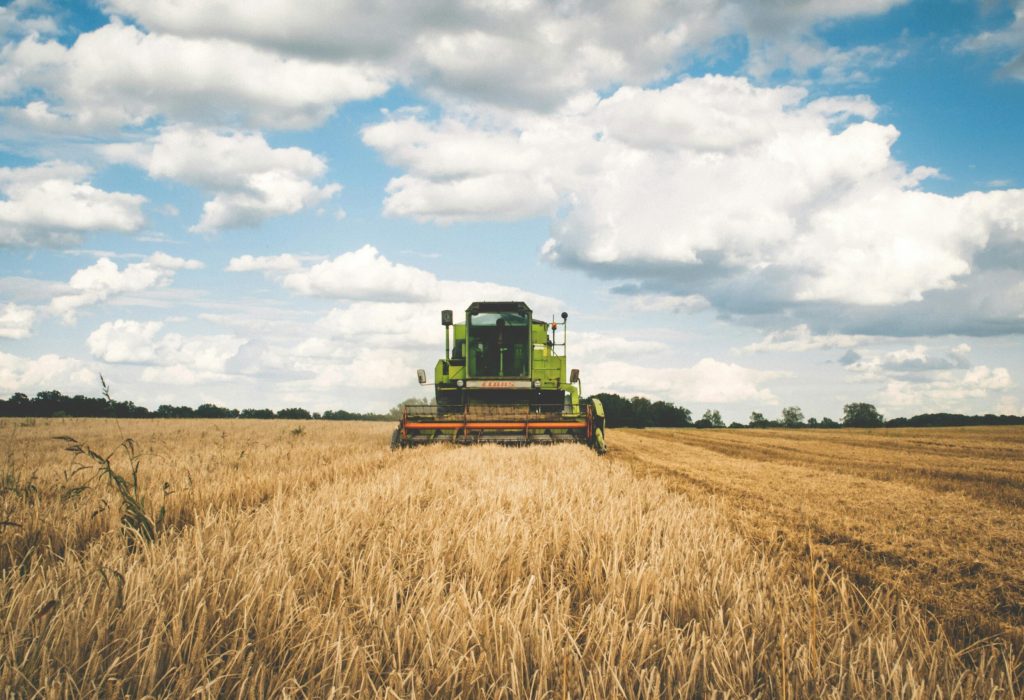 A green tractor harvesting wheat in a vast open field under a bright, cloudy sky.
